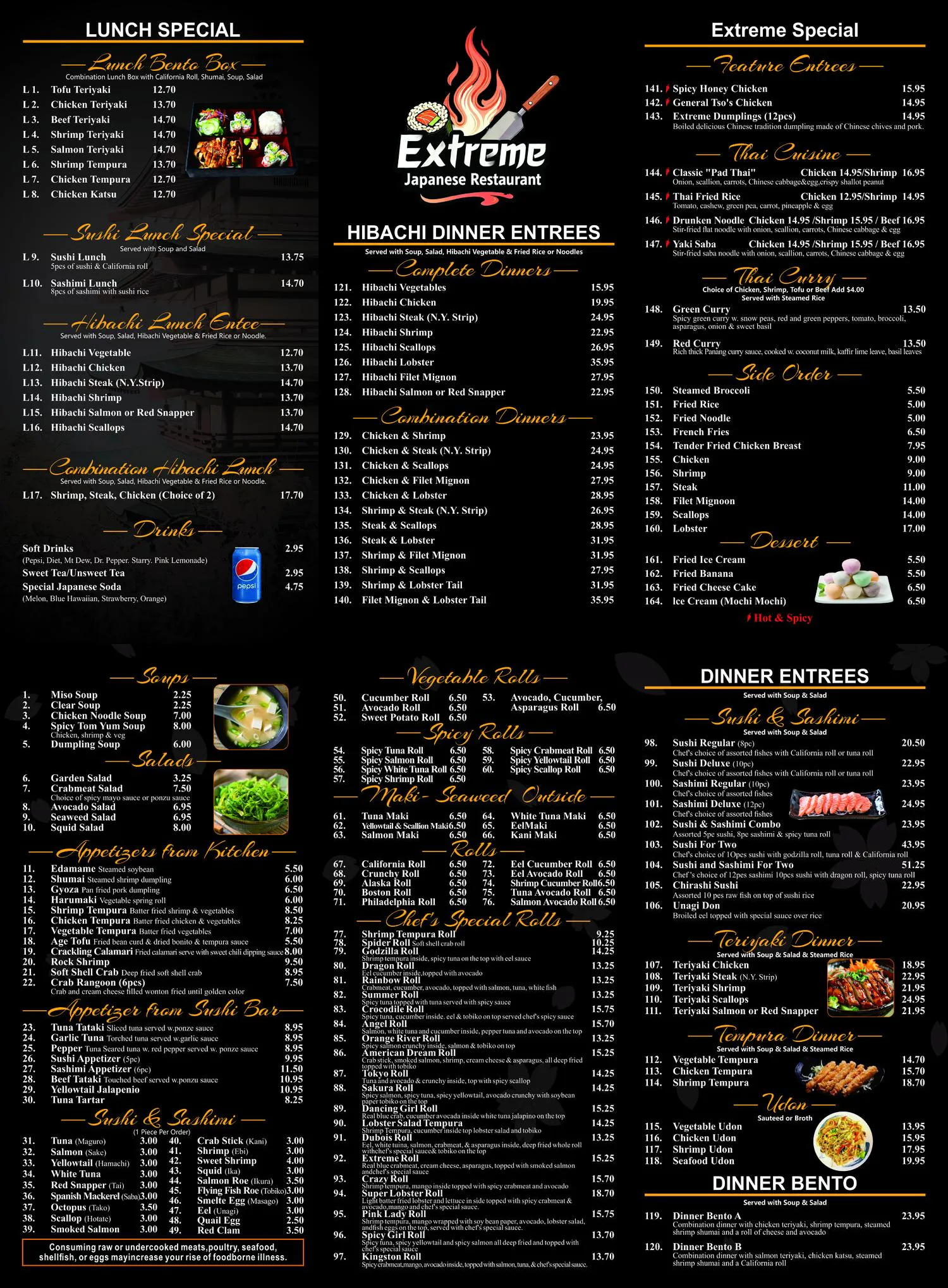 Restaurant menu, detailed description provided below