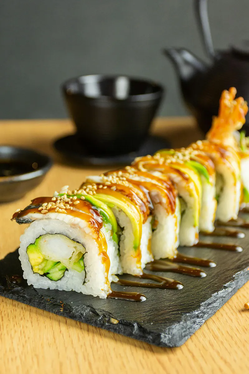 Shrimp tempura roll with unagi sauce at Extreme Japanese Restaurant in DuBois
