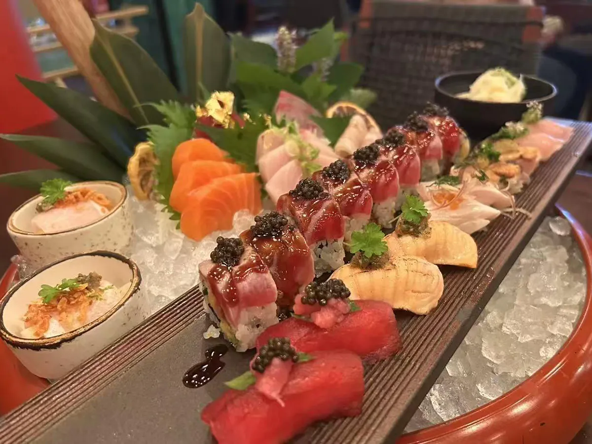 Luxurious sushi and sashimi platter on ice at Extreme Japanese Restaurant in DuBois